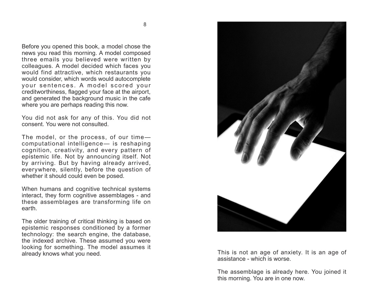 The opening thesis of the book, set as dense black and white text across two pages.