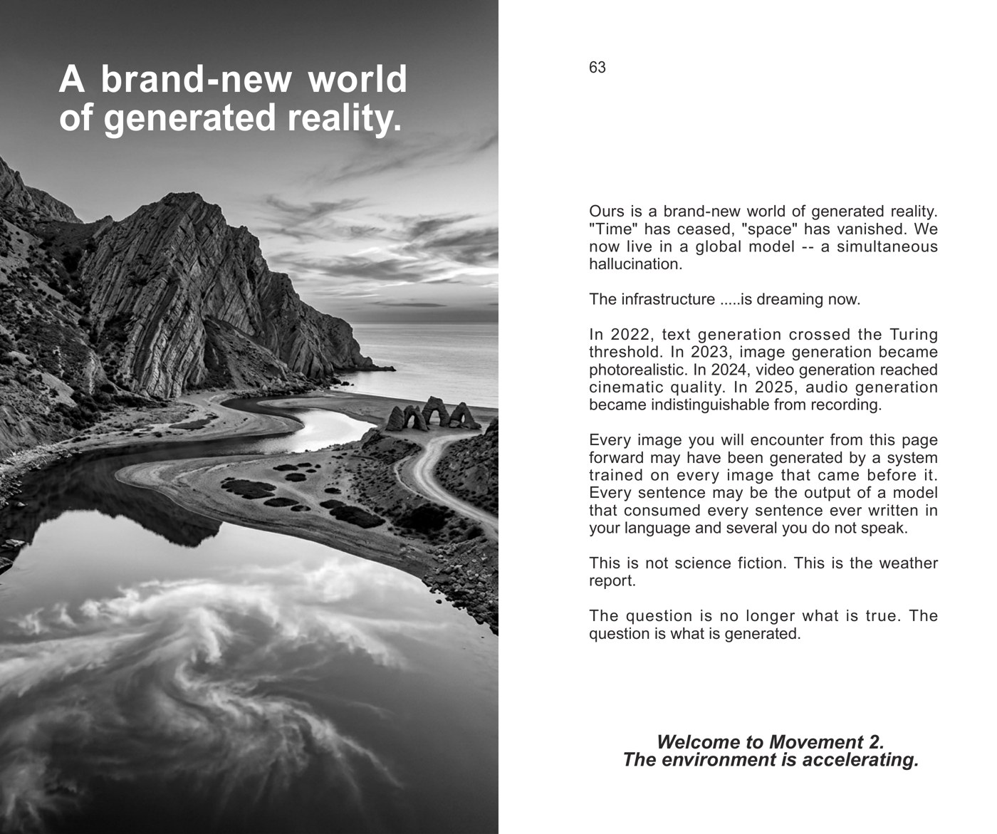 A black and white coastal landscape beside the heading ‘A brand-new world of generated reality’ and a text column.
