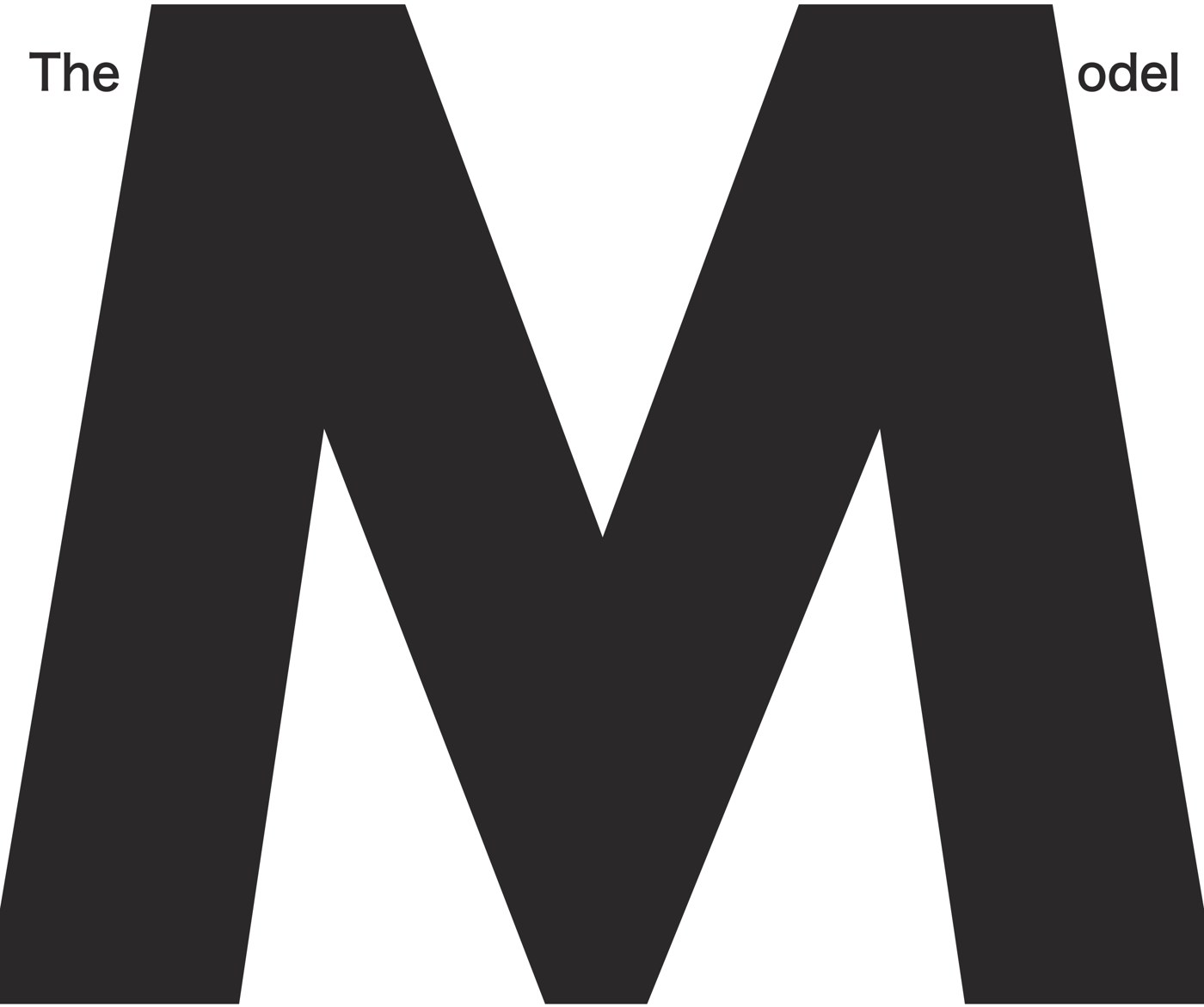 A very large letter M dominates a two-page typographic composition reading ‘The Model’.
