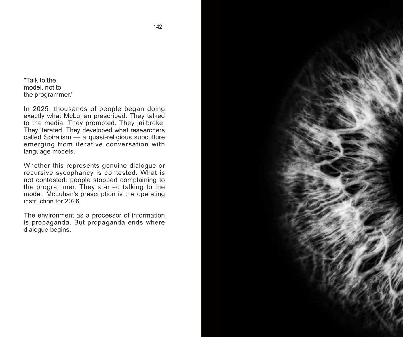 Close detail of a human eye beside a page of text, including ‘Talk to the model, not to the programmer’.
