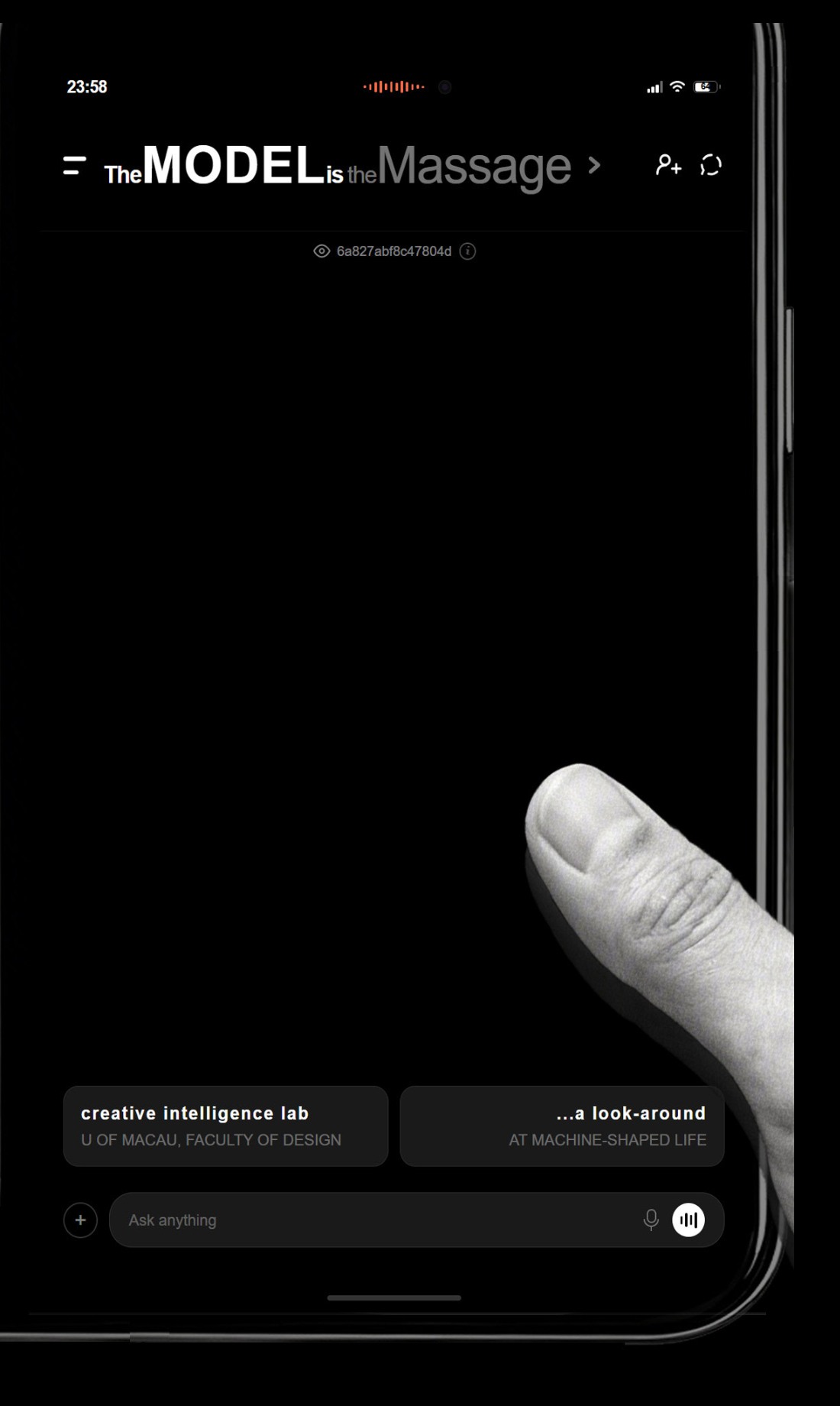 The Model is the Massage cover: a phone interface and a hand against a black background.