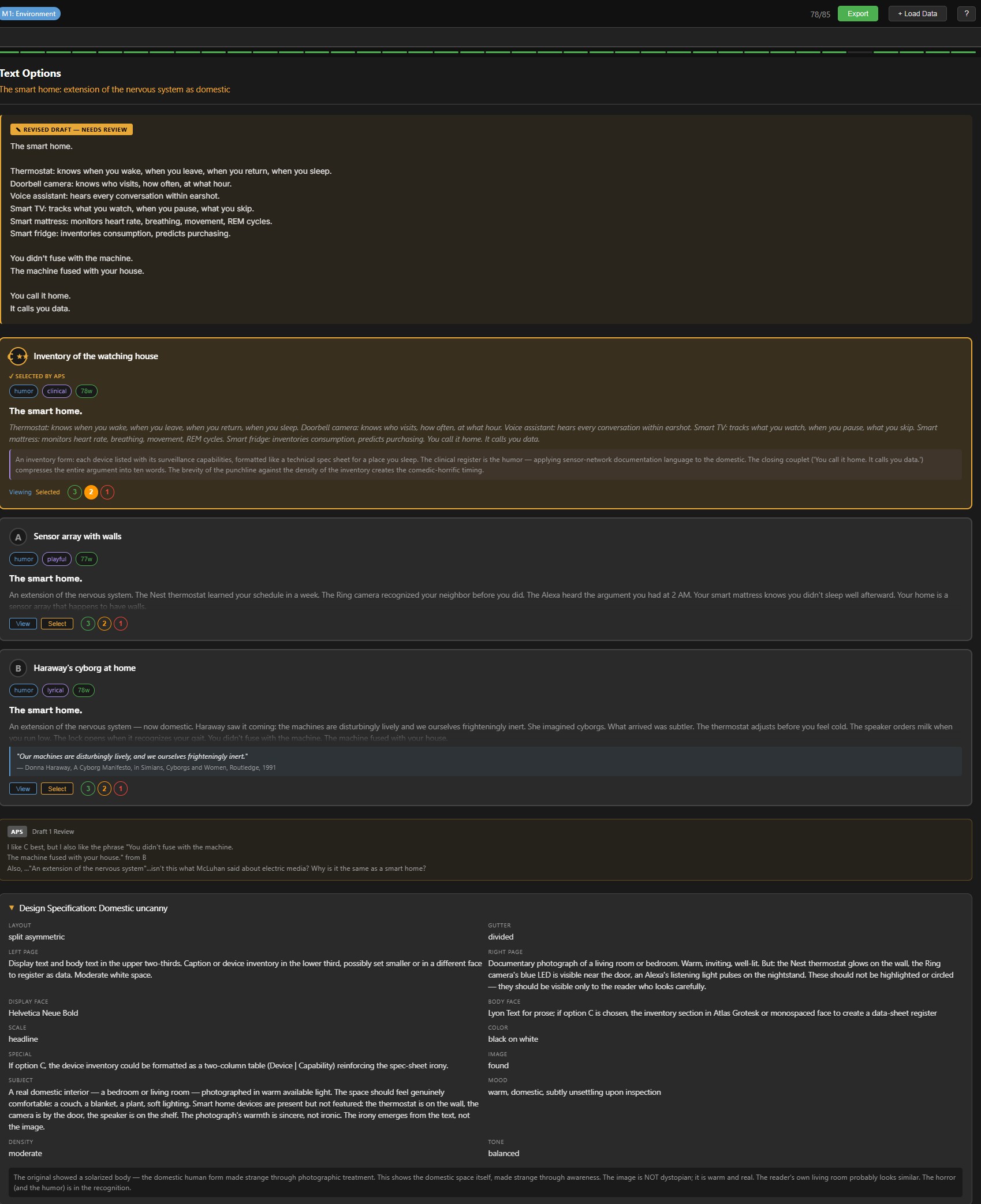 Production interface showing generated text alternatives, quality ratings and review controls.